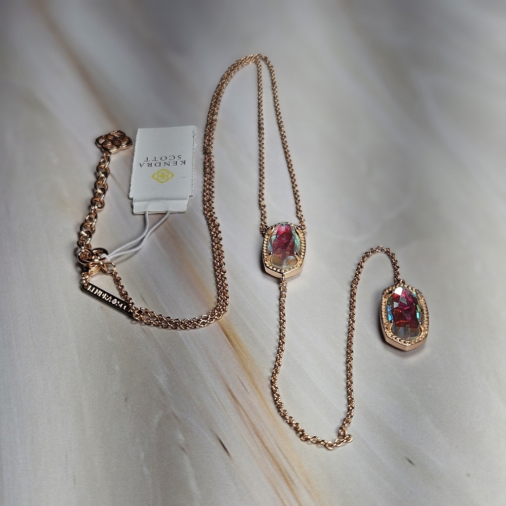 NEW Kendra Scott Rose Gold Necklace- Ellison Y Necklace NWT Multicolor Dichroic